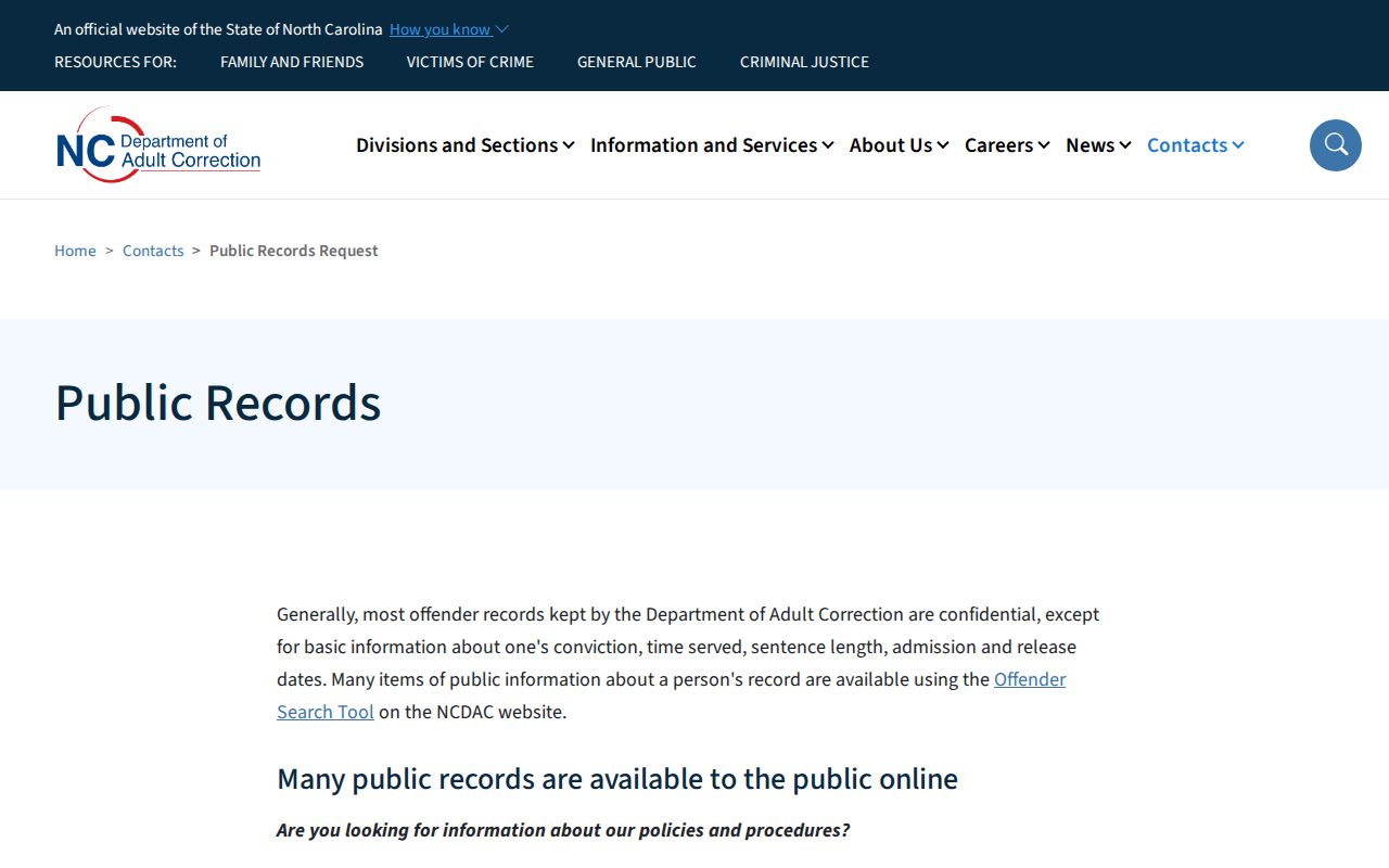 North Carolina Department of Adult Correction public information page