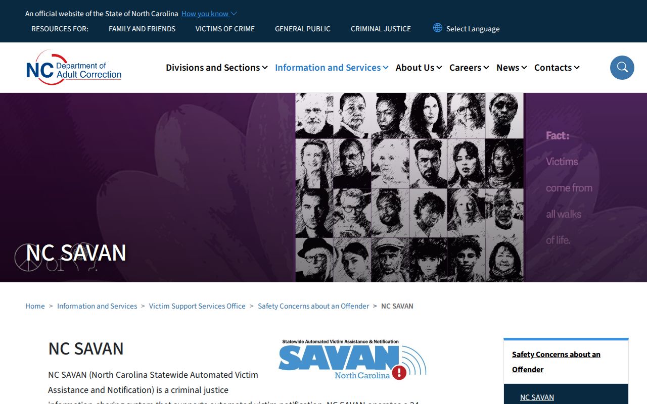 NC SAVAN statewide custody search entry screen