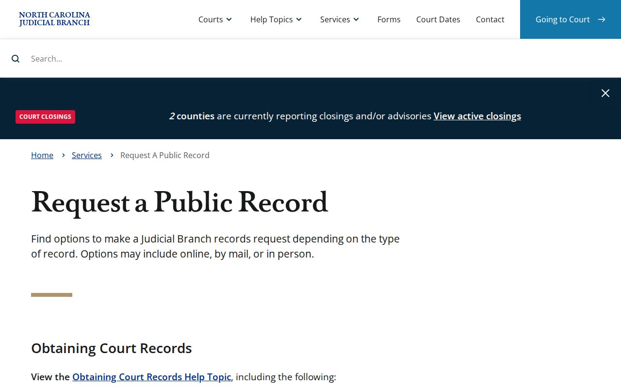 North Carolina Judicial Branch public records request page